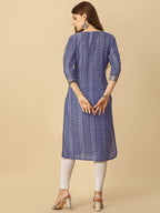 HERE&NOW Blue & White Tie-Up Neck Bandhani Printed Sequined Straight Kurta | Grocsy