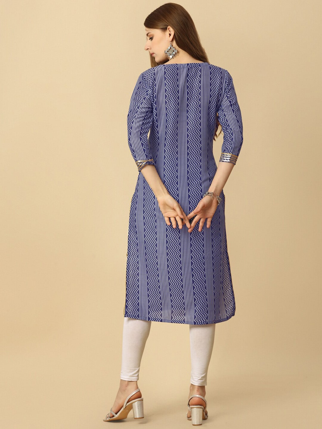 HERE&NOW Blue & White Tie-Up Neck Bandhani Printed Sequined Straight Kurta | Grocsy