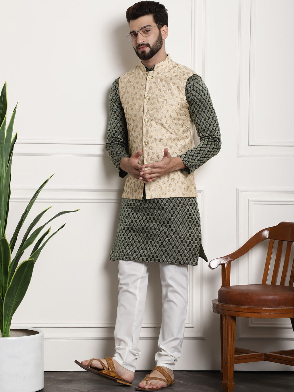 Sojanya Woven Design Mandarin Collar Kurta with Churidar & Nehru Jacket | Grocsy