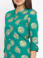 HERE&NOW Green Mandarin Collar Ethnic Motifs Printed A-Line Kurta | Grocsy