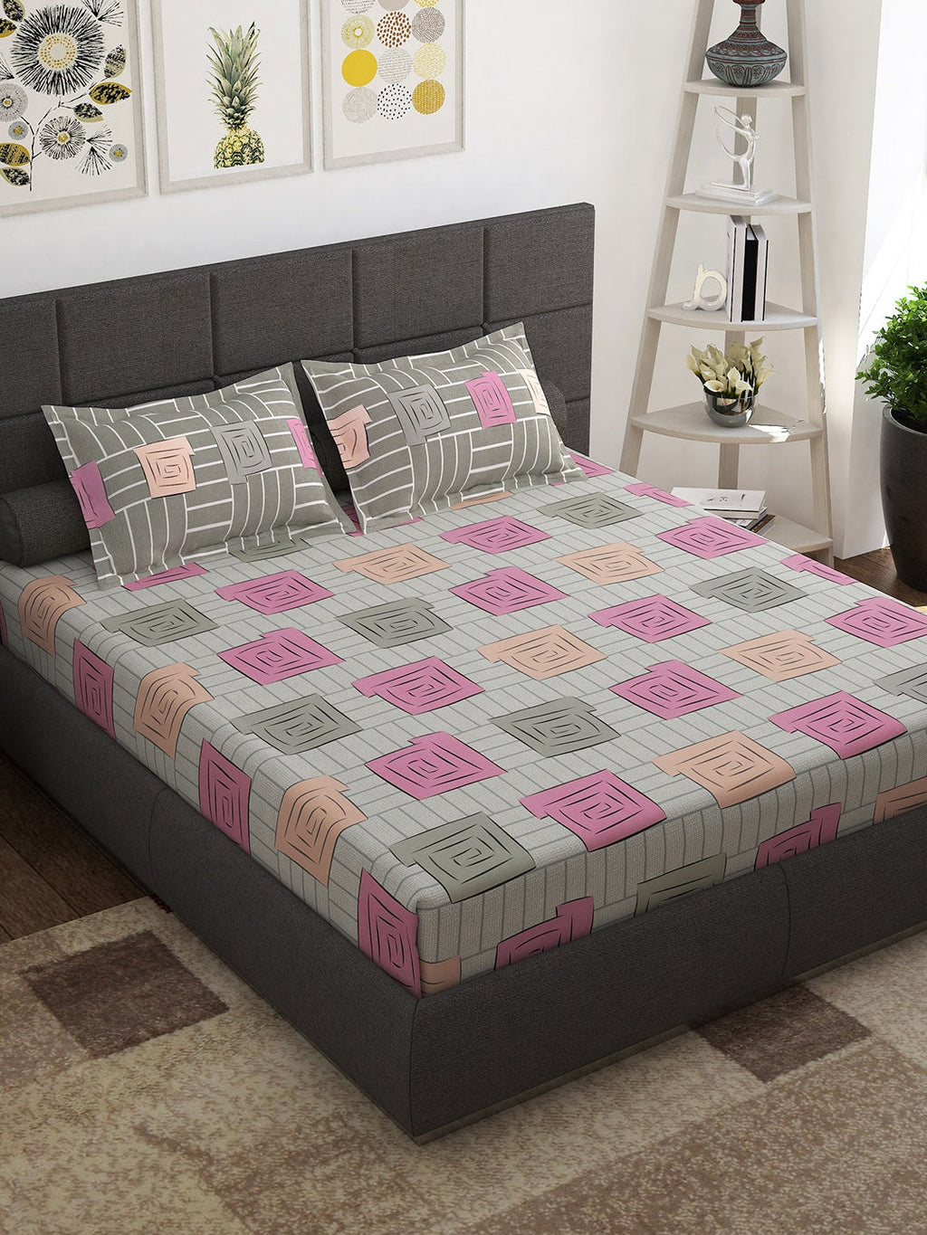 Story@home Beige & White Geometric Cotton 152 TC Queen Bedsheet With 2 Pillow Covers | Grocsy