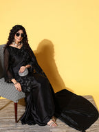 Tikhi Imli Black Floral Sequinned Satin Saree | Grocsy
