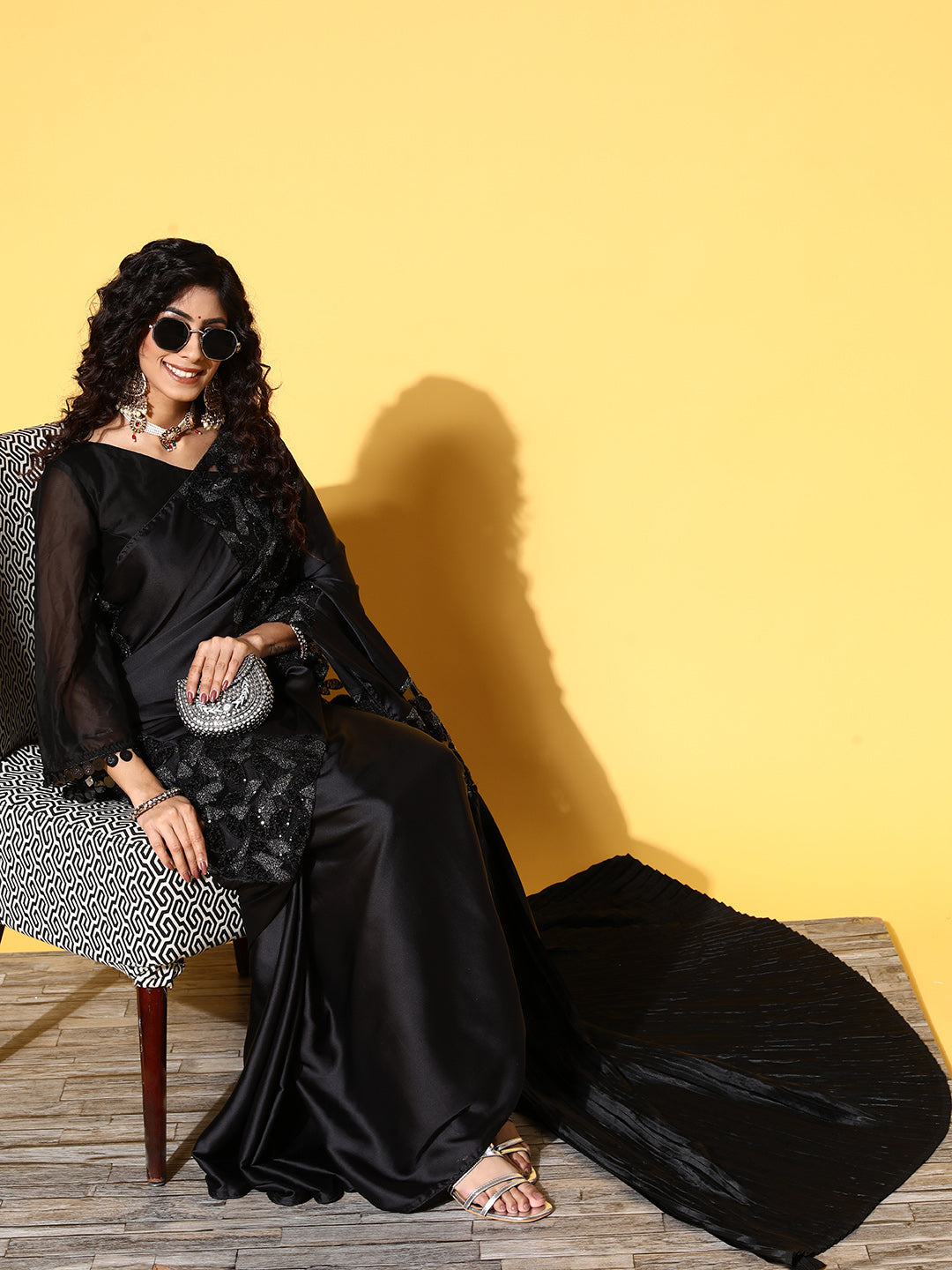 Tikhi Imli Black Floral Sequinned Satin Saree | Grocsy