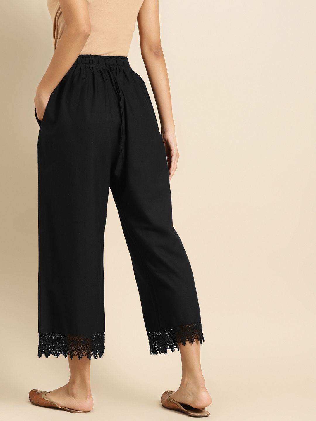 TAG 7 Women Black Solid Hem Design Straight Palazzos | Grocsy