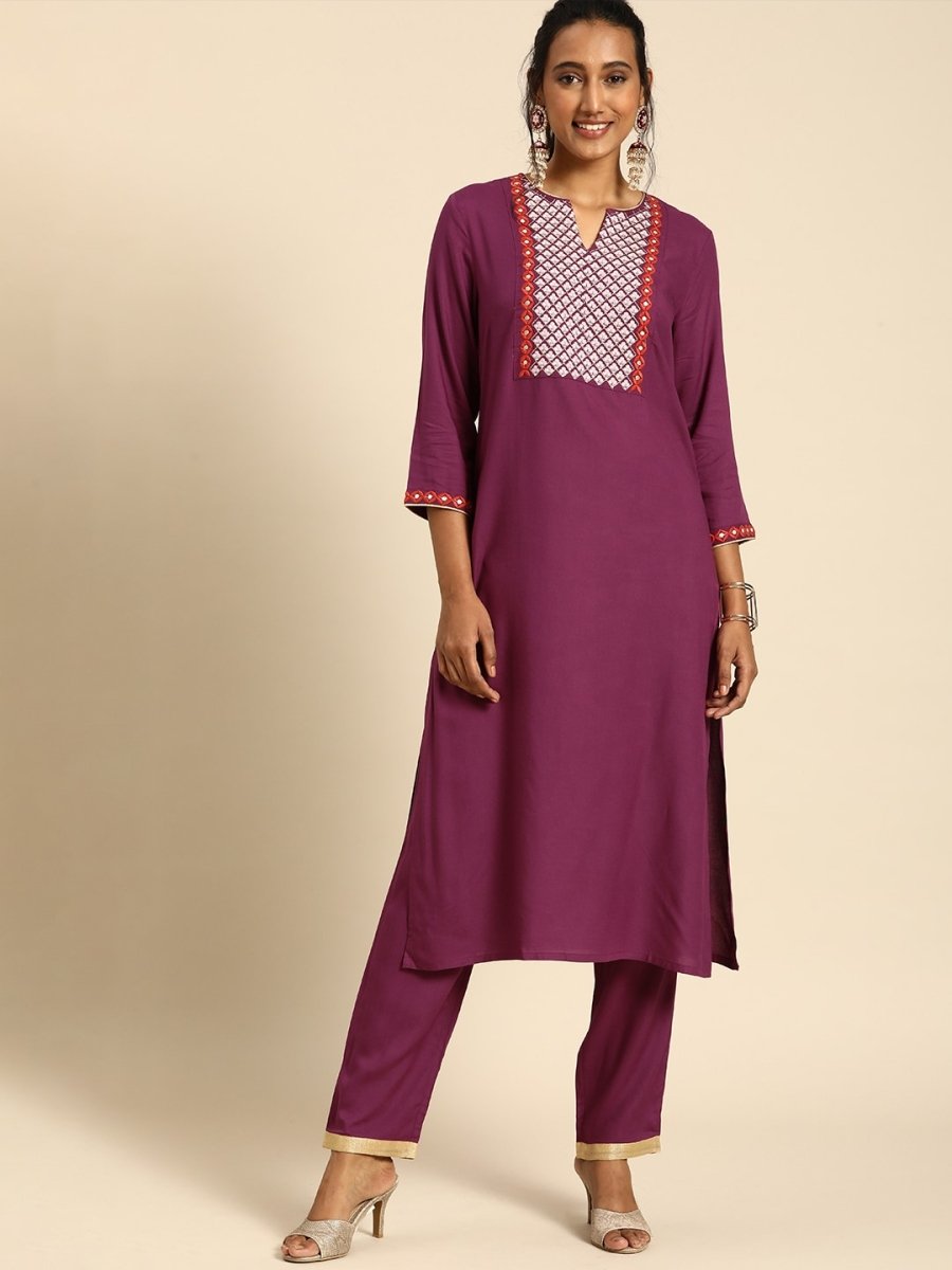All About You Women Purple Ethnic Motifs Yoke Design Regular Thread Work Kurta with Trousers | Grocsy