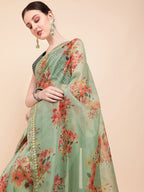 Sangria Olive Green & Red Floral Printed Organza Saree With Sequinned Blouse piece | Grocsy