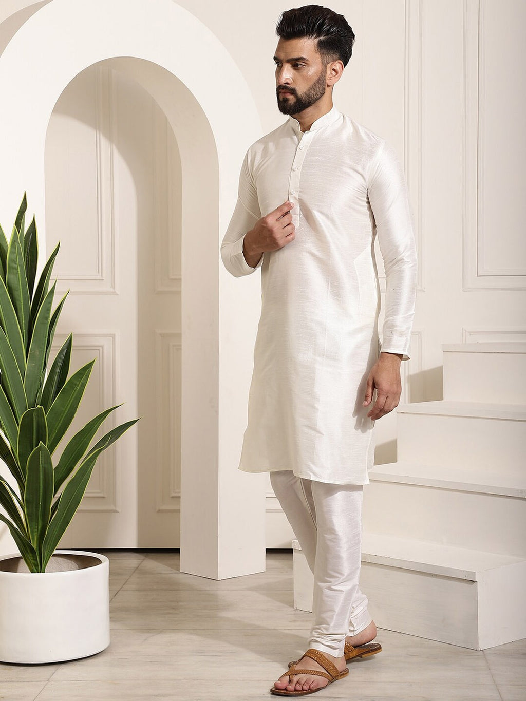 Sojanya Band Collar Straight Kurta & Churidar with Nehru jacket | Grocsy