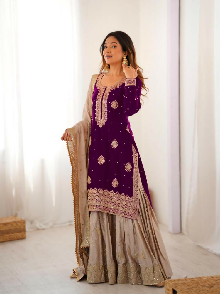 Lehenga Mart Designer Sharara Suit With Kurta, Sharara, Dupatta For Women-Wine | Grocsy