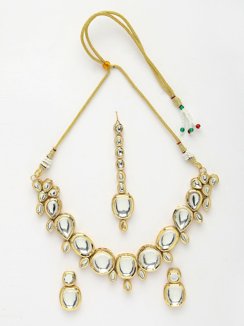NVR Women's Gold Kundan-Studded Necklace and Earrings with Mang Tikka | Grocsy