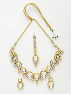 NVR Women's Gold Kundan-Studded Necklace and Earrings with Mang Tikka | Grocsy