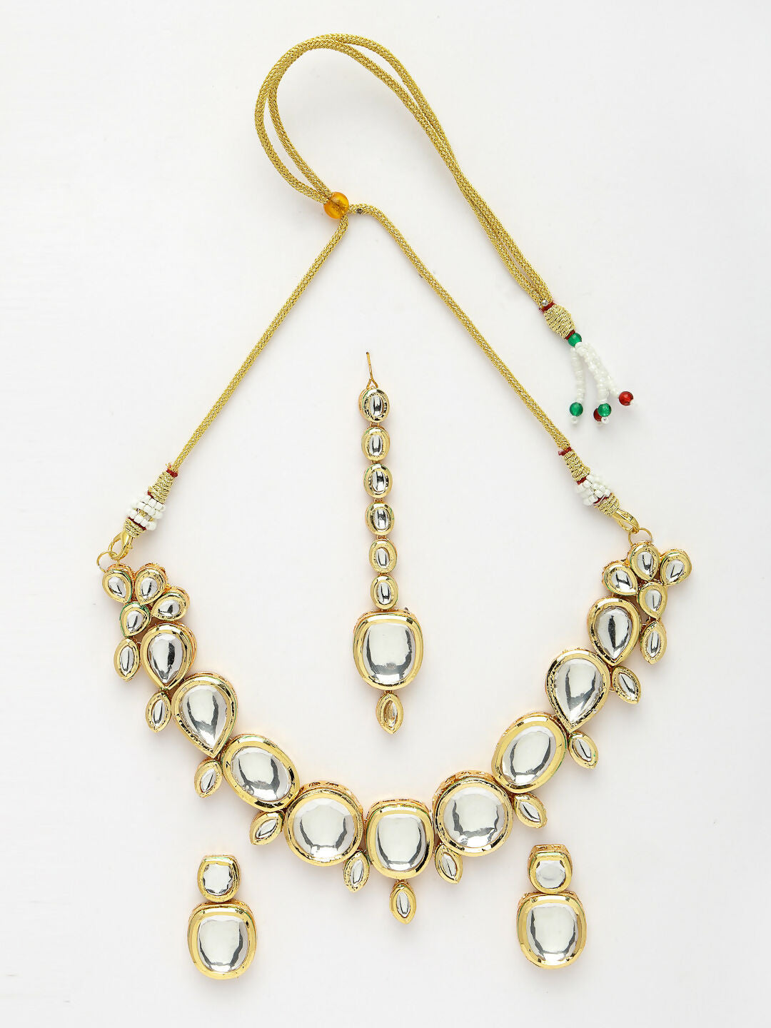 NVR Women's Gold Kundan-Studded Necklace and Earrings with Mang Tikka | Grocsy