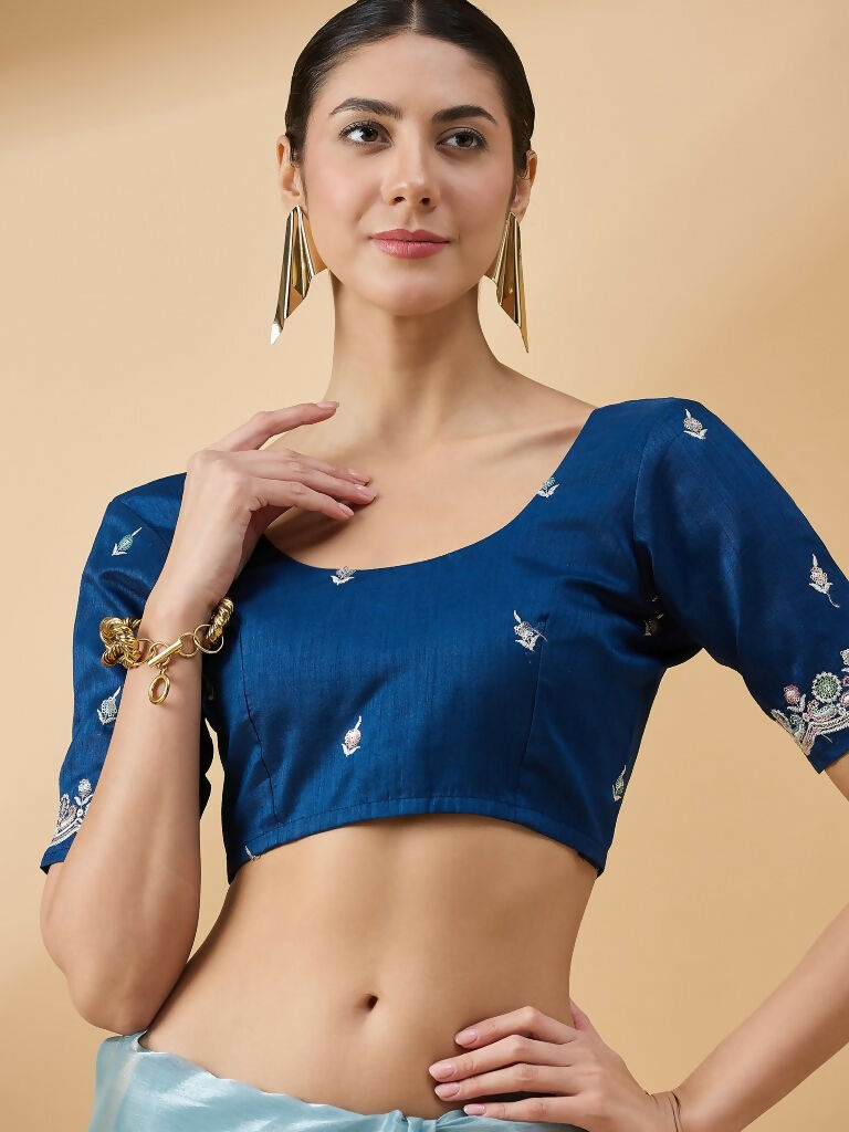 Blue Organza Sequence Embroidered Saree with Unstitched Blouse - Satya | Grocsy