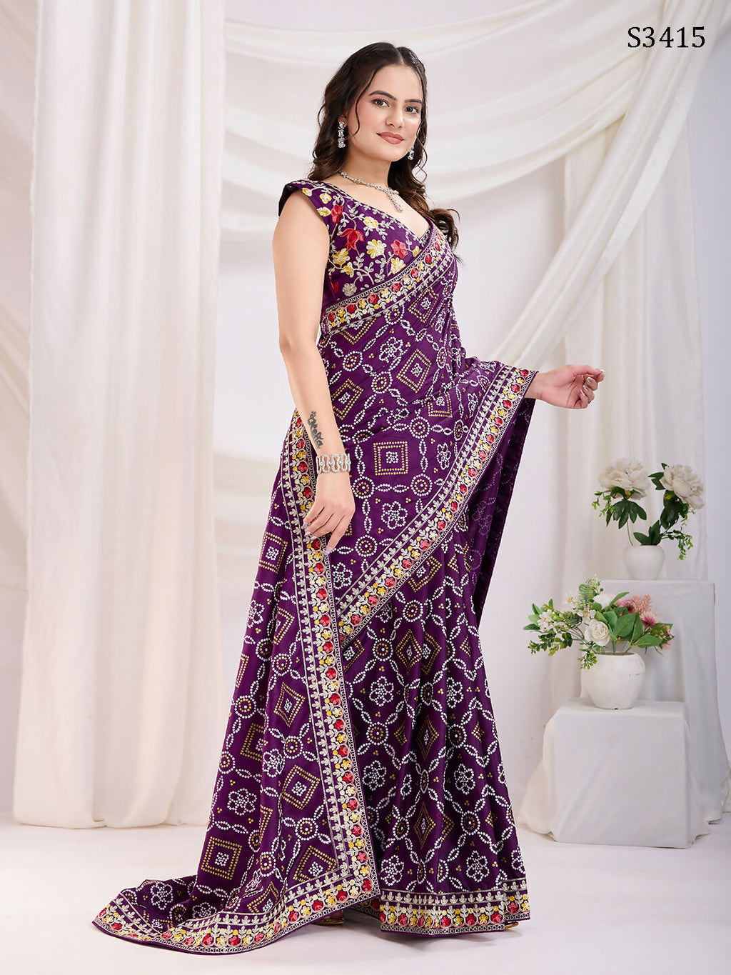Voilet Vichitra Silk Bandhani Printed, Embroidery Work Saree - Ditya | Grocsy
