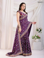 Voilet Vichitra Silk Bandhani Printed, Embroidery Work Saree - Ditya | Grocsy