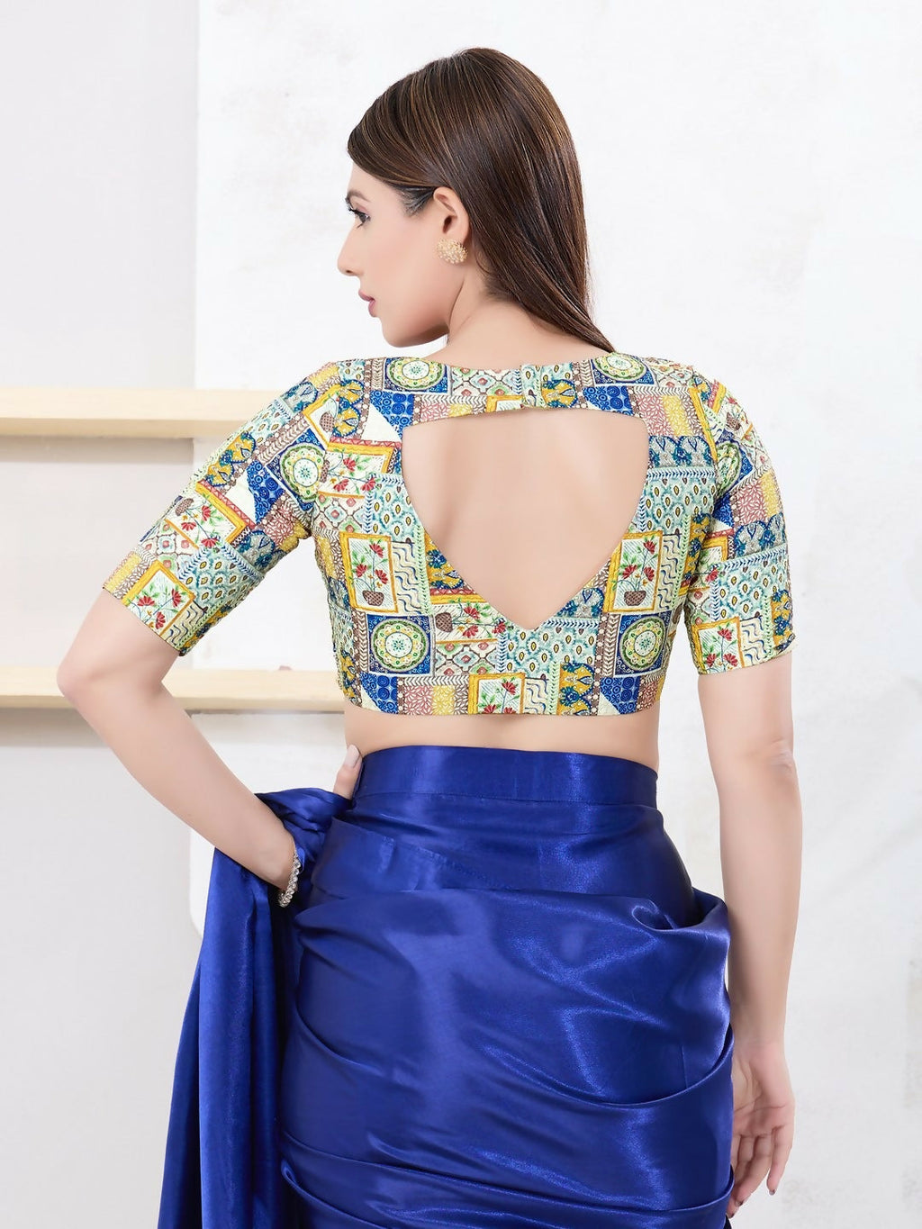 Joban Fashion Multi Polyester Elbow Sleeveless Front Open Blouse | Grocsy