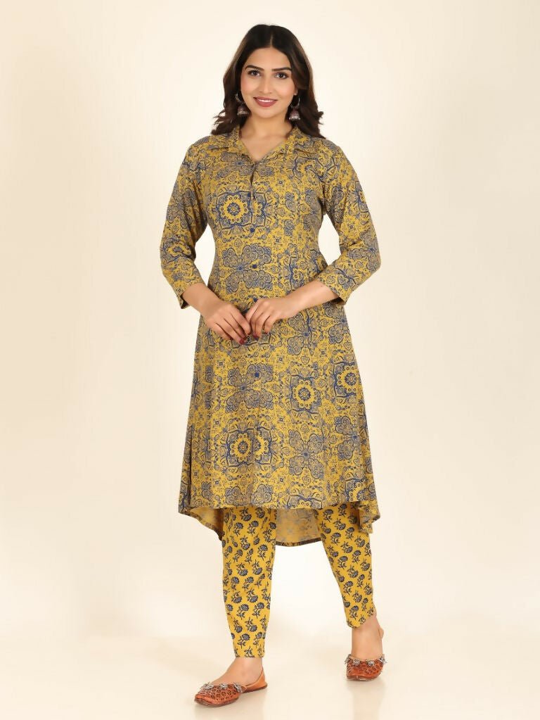 Aramya High Low Rayon Geometric Print Women's Kurta - Yellow | Grocsy