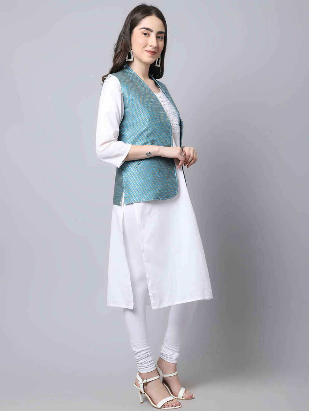 Even Apparels Blue Bansari Silk Open Front Gillet | Grocsy