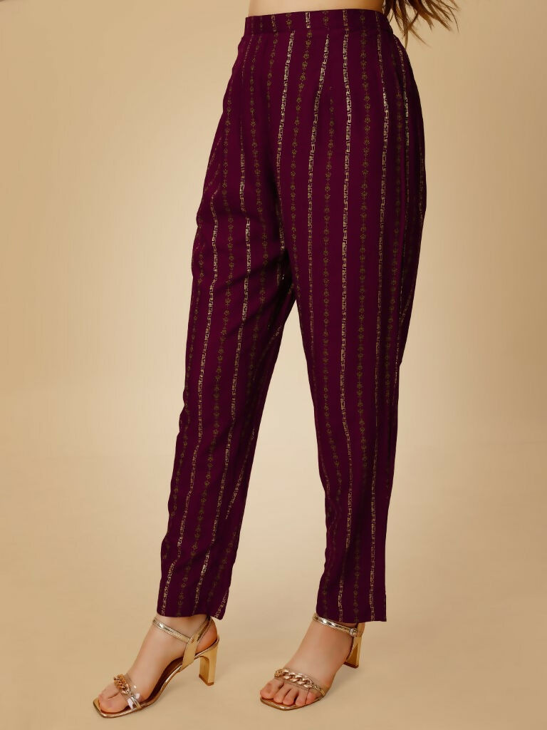 Jyoti Fashion Women's Wine Viscose Rayon Embroidered Kurta Pant Set | Grocsy