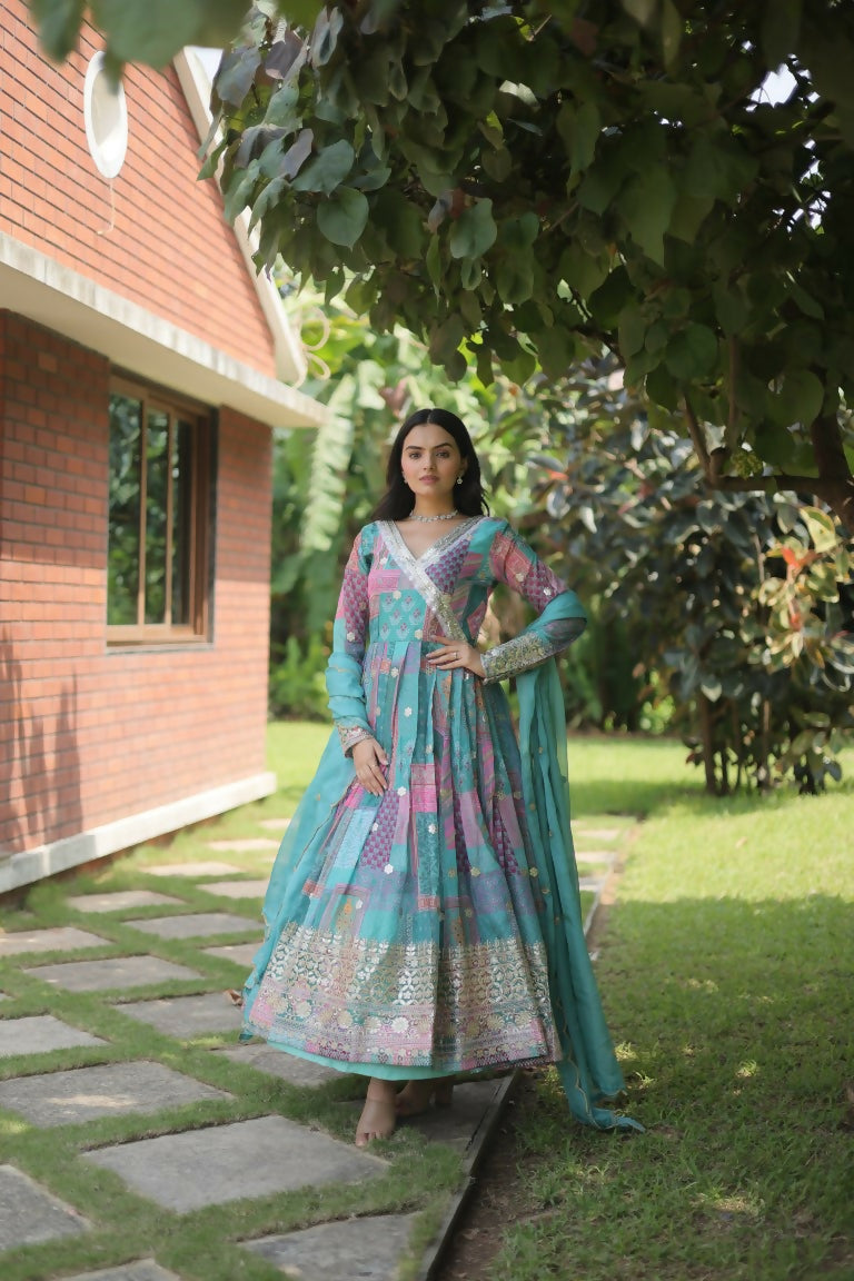 Jyoti Fashion Women's Sky Blue Russian Silk Digital Print with Embroidered Anarkali Dress with Dupatta | Grocsy
