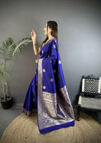 Joban Fashion Royal Blue Floral Jacquard Woven Design Cotton Silk Banarasi Silk Saree | Grocsy