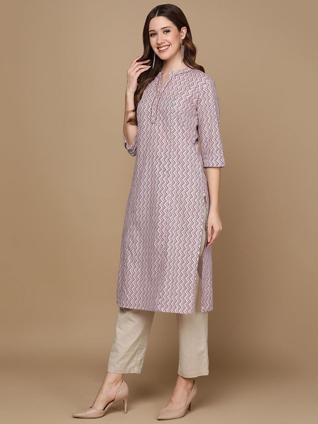 HERE&NOW Pink & Brown Chevron Printed Sequined Pure Cotton Kurta | Grocsy
