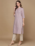HERE&NOW Pink & Brown Chevron Printed Sequined Pure Cotton Kurta | Grocsy