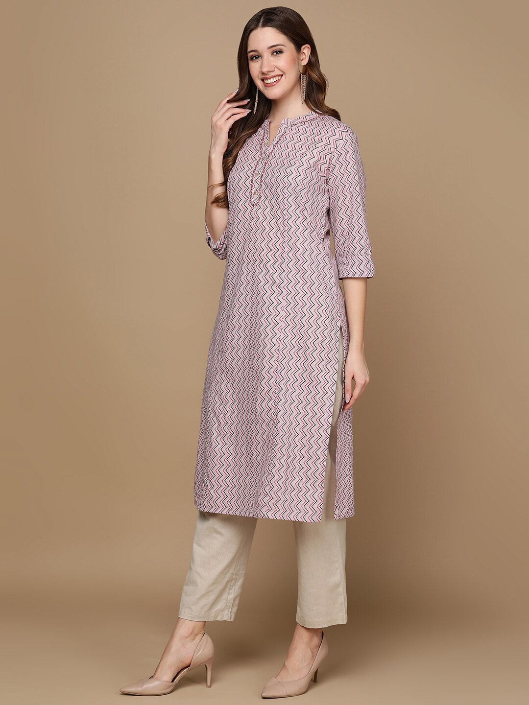 HERE&NOW Pink & Brown Chevron Printed Sequined Pure Cotton Kurta | Grocsy