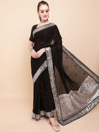 Sangria Black & Silver-Toned Embellished Sequinned Pure Georgette Saree | Grocsy