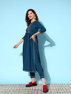 Sangria Ethnic Motifs Yoke Design Pleated Sequinned Kurta with Trousers & Dupatta | Grocsy