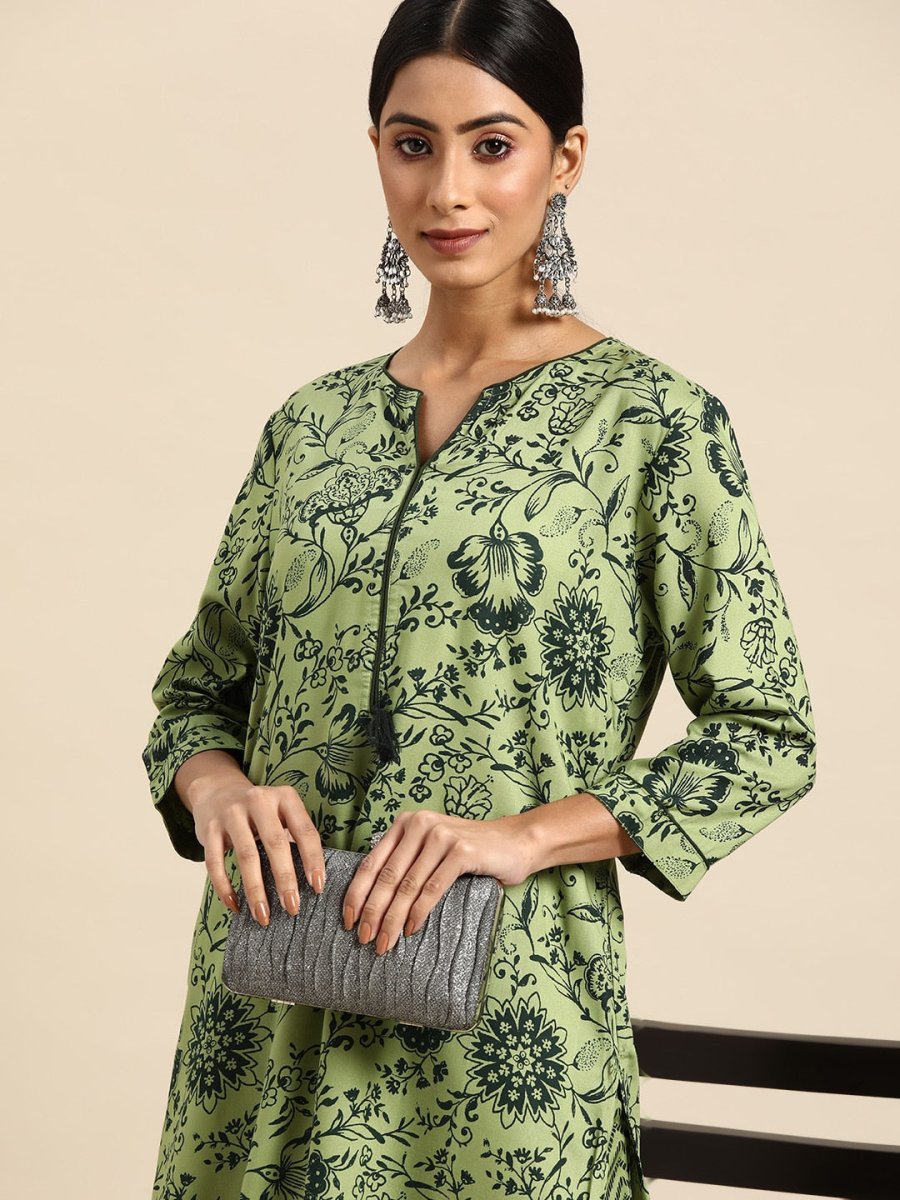All About You Women Green Ethnic Motifs Printed Kurta with Trousers | Grocsy