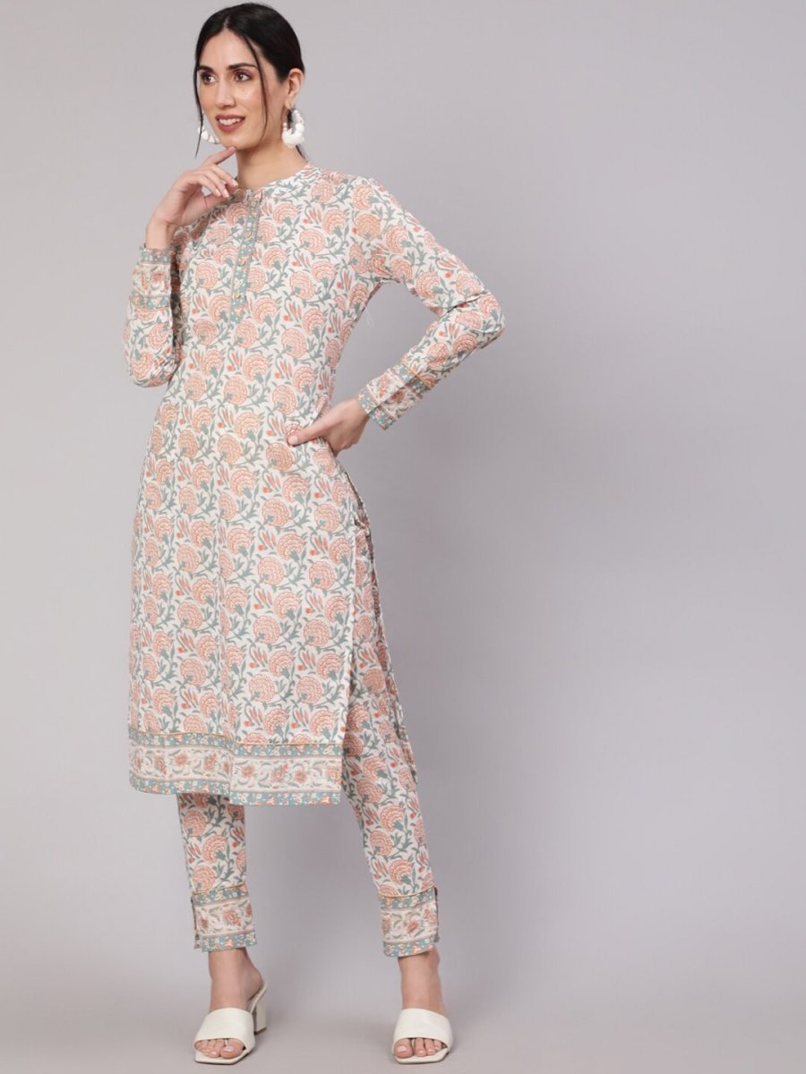 Aks Floral Printed Pure Cotton Kurta With Trousers | Grocsy