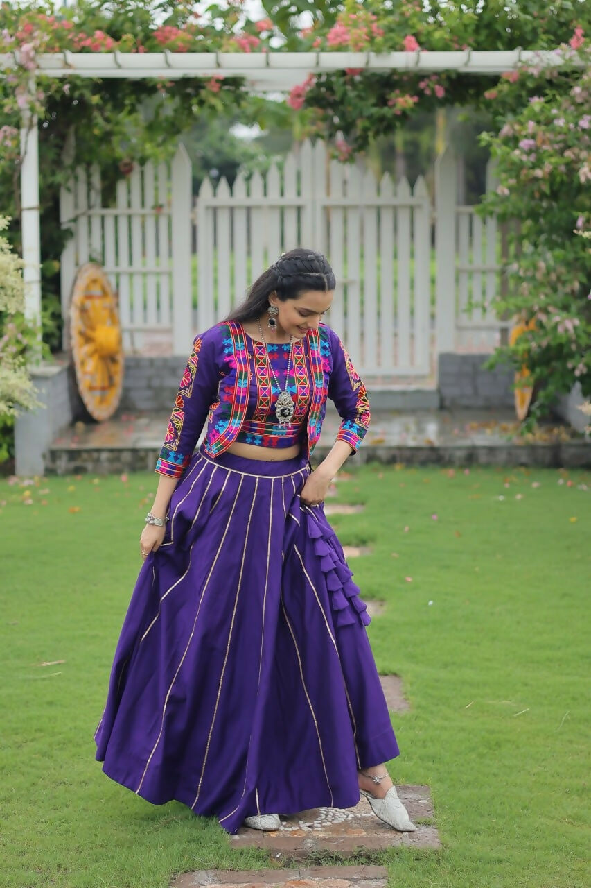 Teeya Creation Purple Colour Roman Silk With Gamathi Work Navratri Lehenga Choli | Grocsy