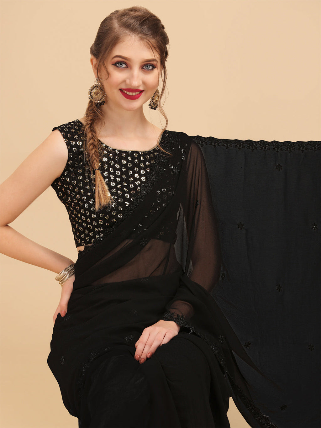 Sangria Black Embellished Sequinned Pure Georgette Saree | Grocsy