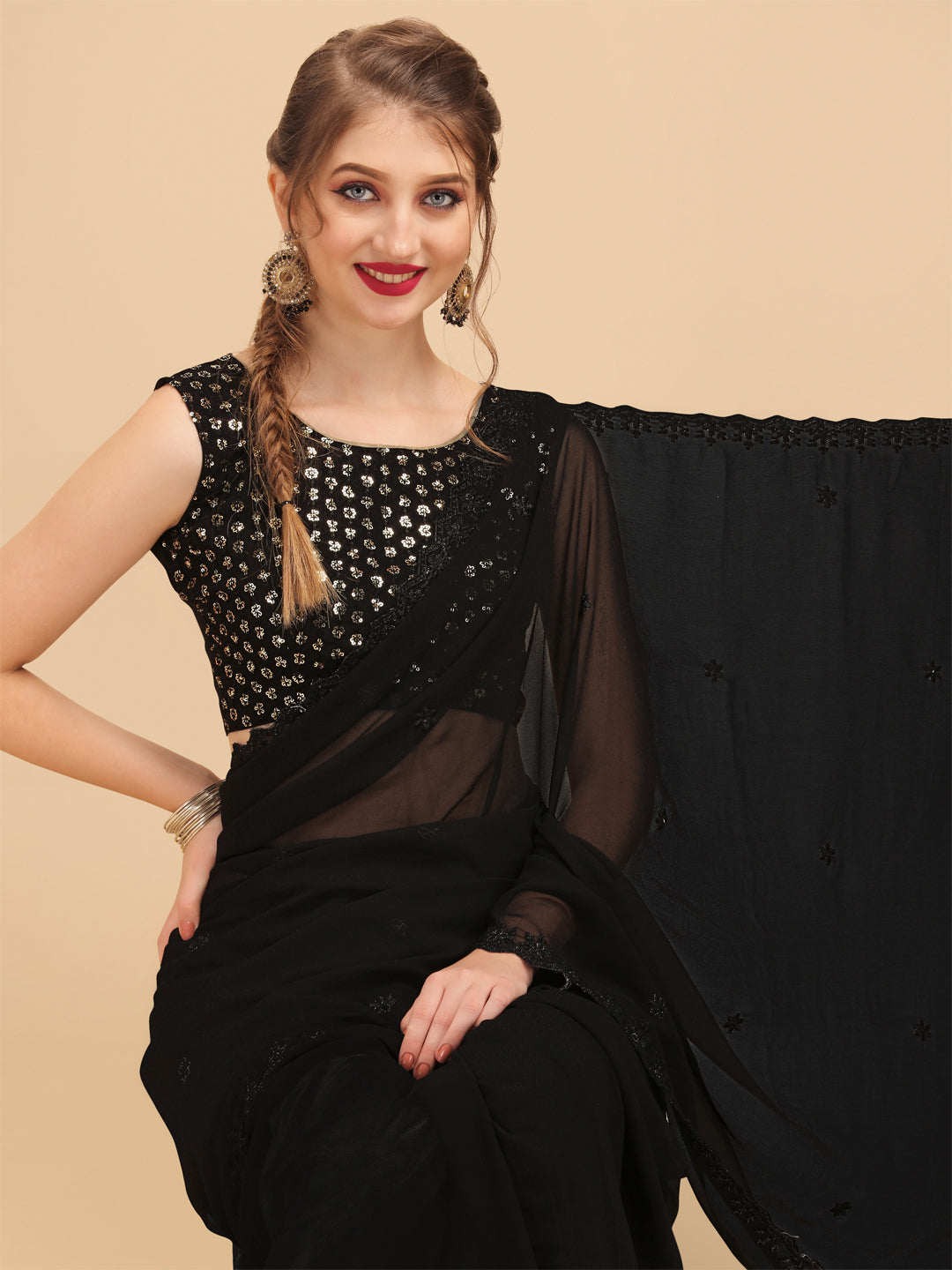 Sangria Black Embellished Sequinned Pure Georgette Saree | Grocsy