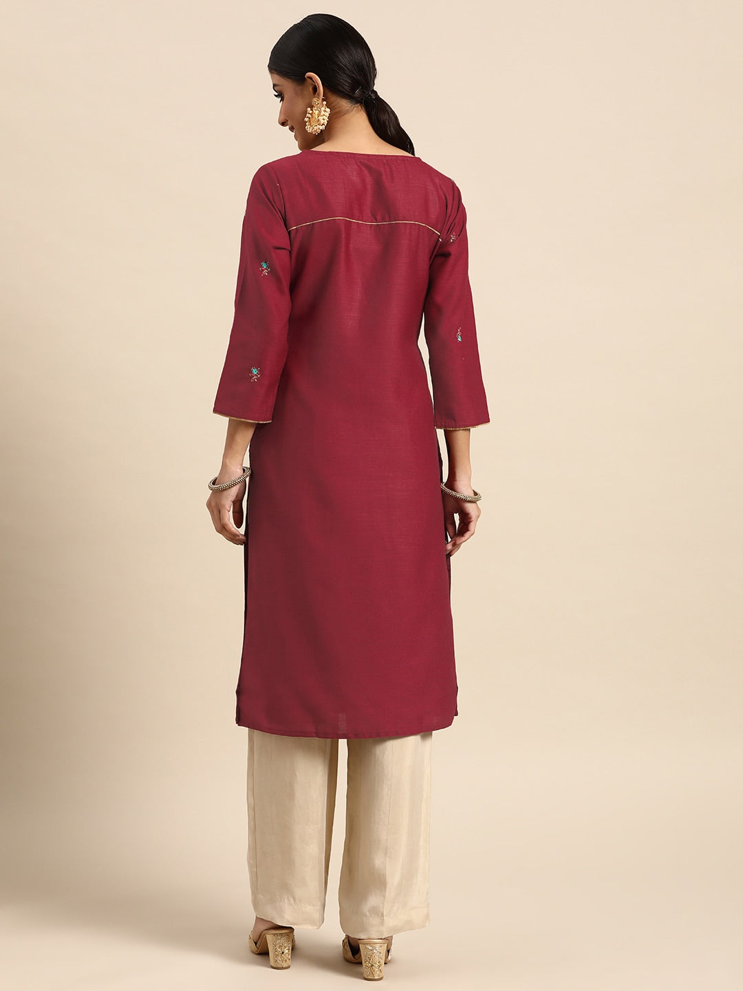 Sangria Women Red Yoke Design Sequined Kurta | Grocsy