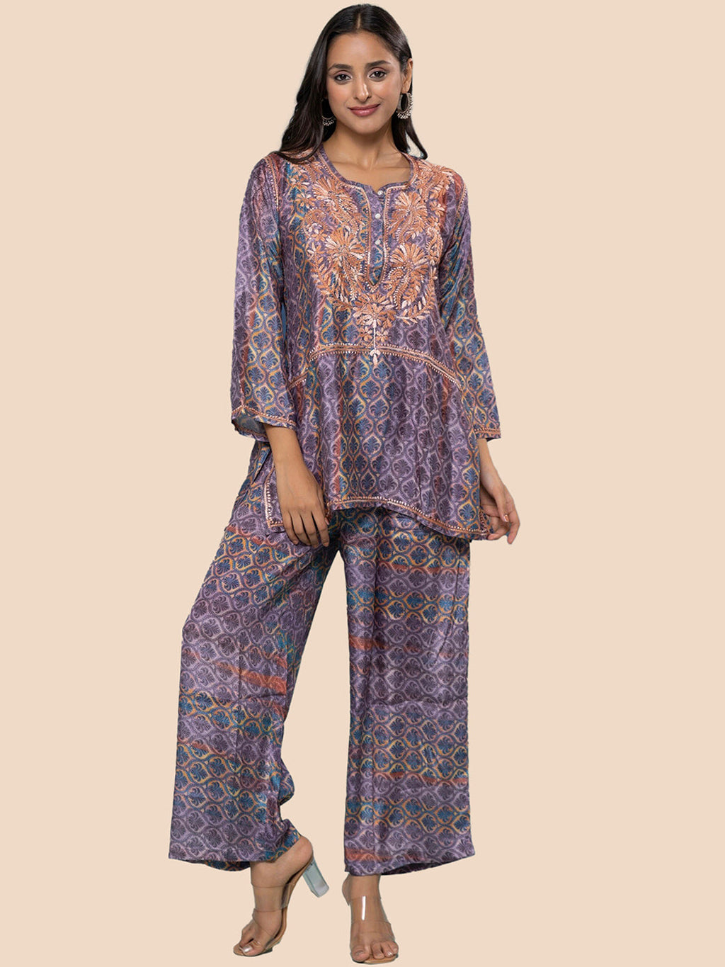 HOUSE OF KARI Floral Embroidered Regular Chikankari Straight Kurta with Palazzos | Grocsy