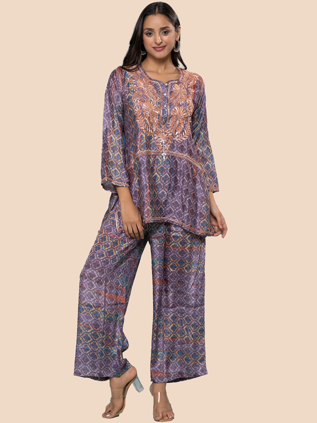 HOUSE OF KARI Floral Embroidered Regular Chikankari Straight Kurta with Palazzos | Grocsy