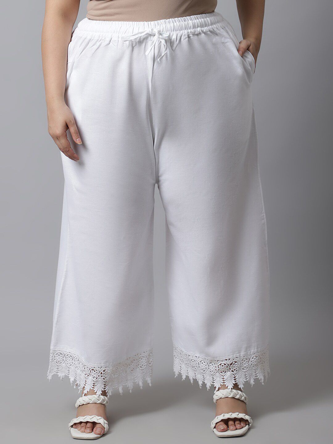 TAG 7 Women Plus Size White Solid Linen Ethnic Palazzos | Grocsy