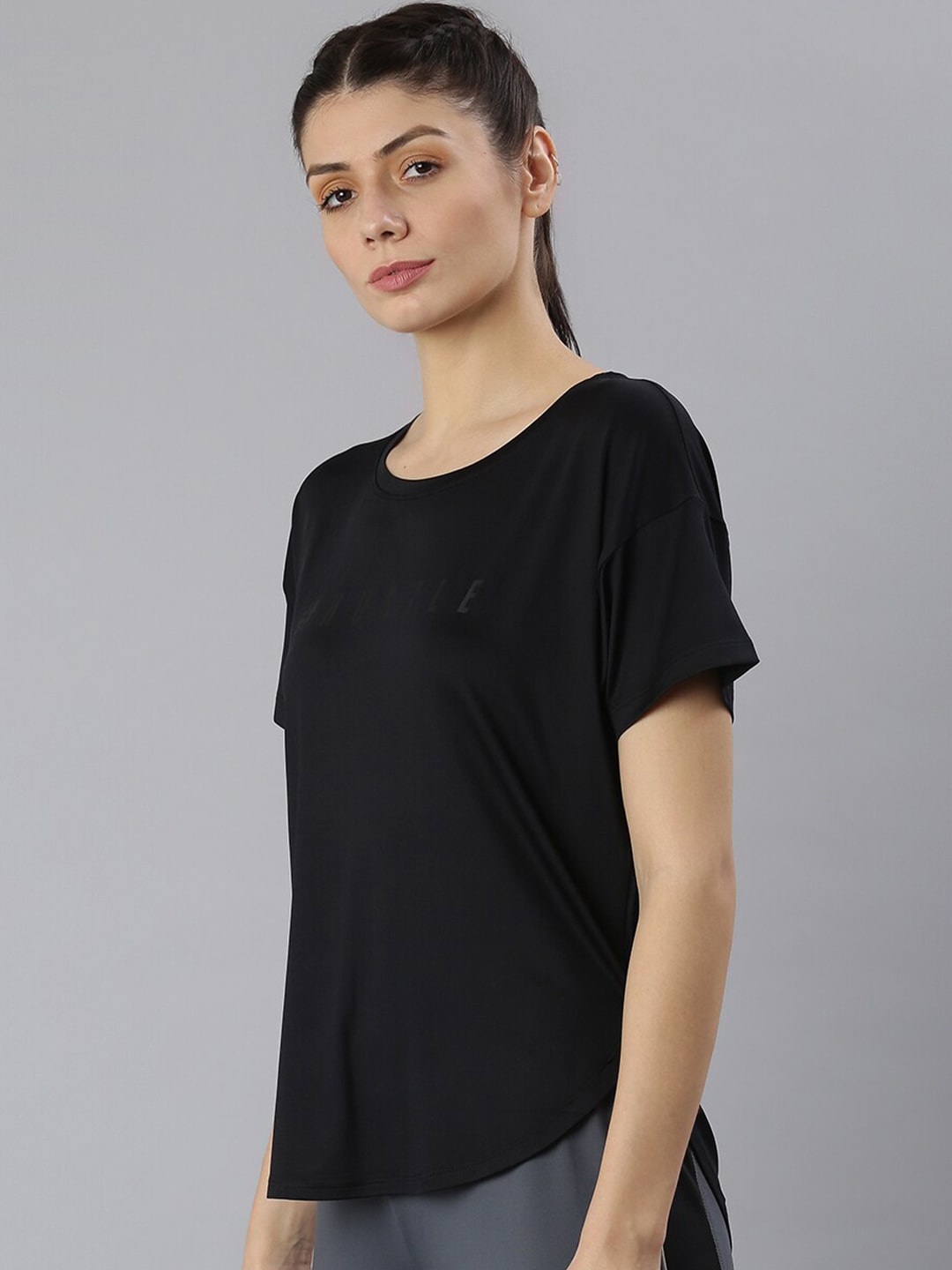 MKH Women Black Typography Printed Dri-FIT Sports T-shirt | Grocsy