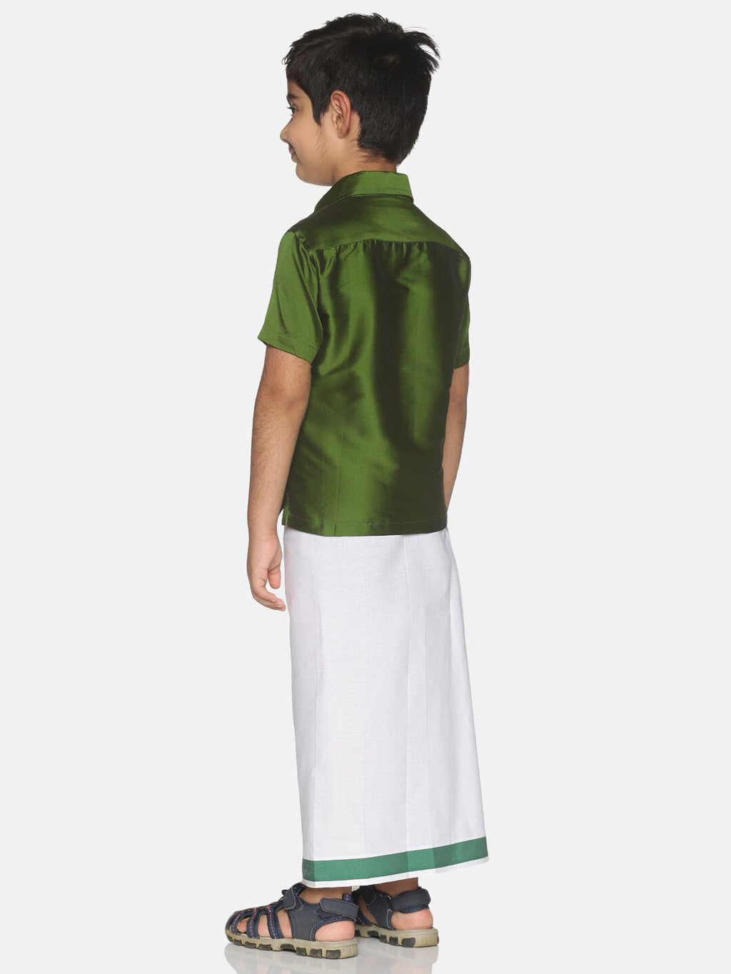 Sethukrishna Boys Olive Green & White Solid Shirt and Veshti Set | Grocsy