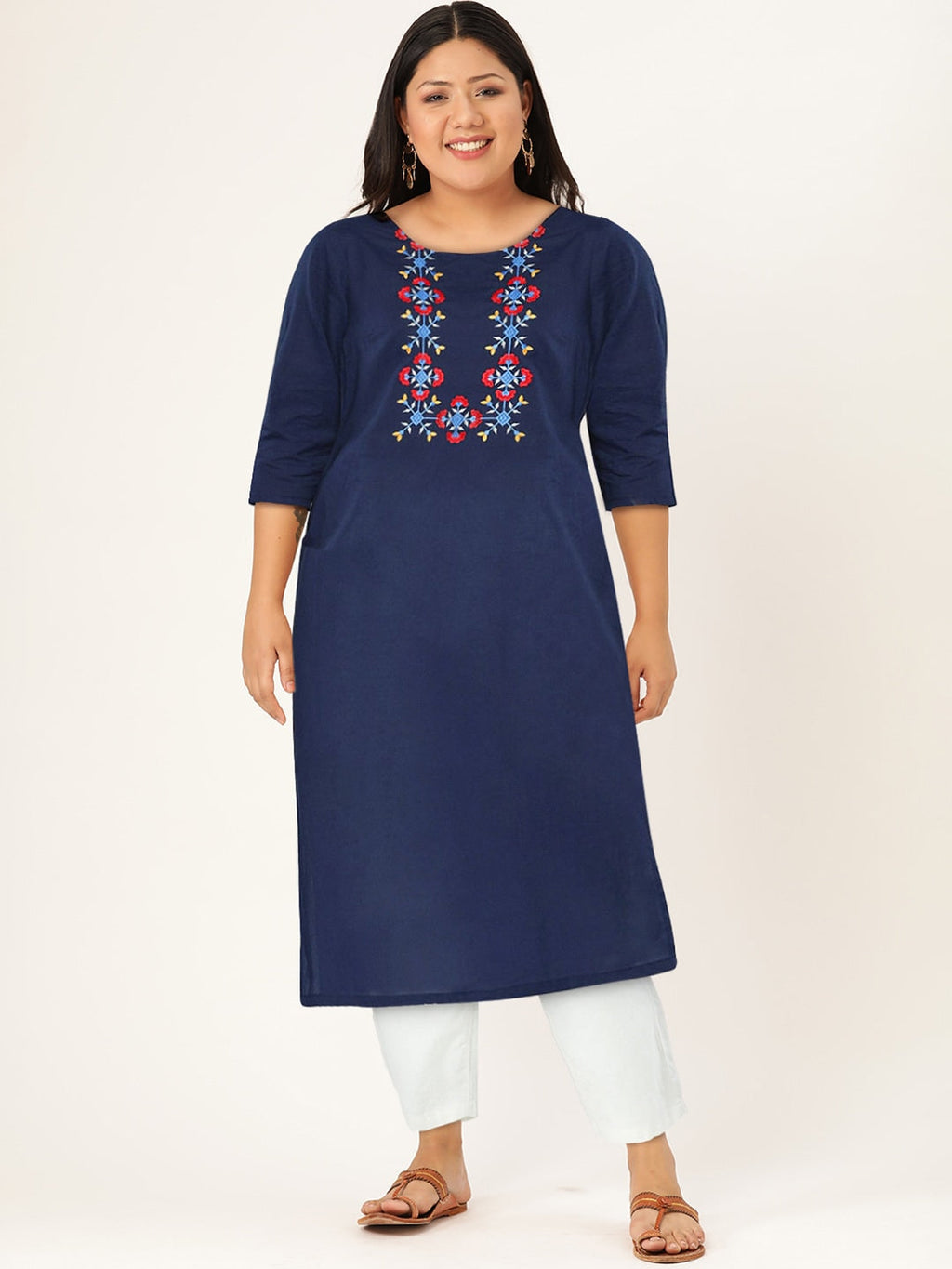 HERE&NOW Yoke Design Thread Work Cotton Kurta | Grocsy