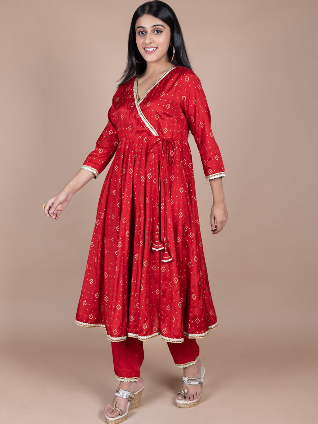 HERE&NOW Red & Beige Ethnic Motifs Printed Angrakha Gotta Patti Kurta with Trousers | Grocsy