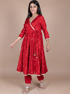HERE&NOW Red & Beige Ethnic Motifs Printed Angrakha Gotta Patti Kurta with Trousers | Grocsy