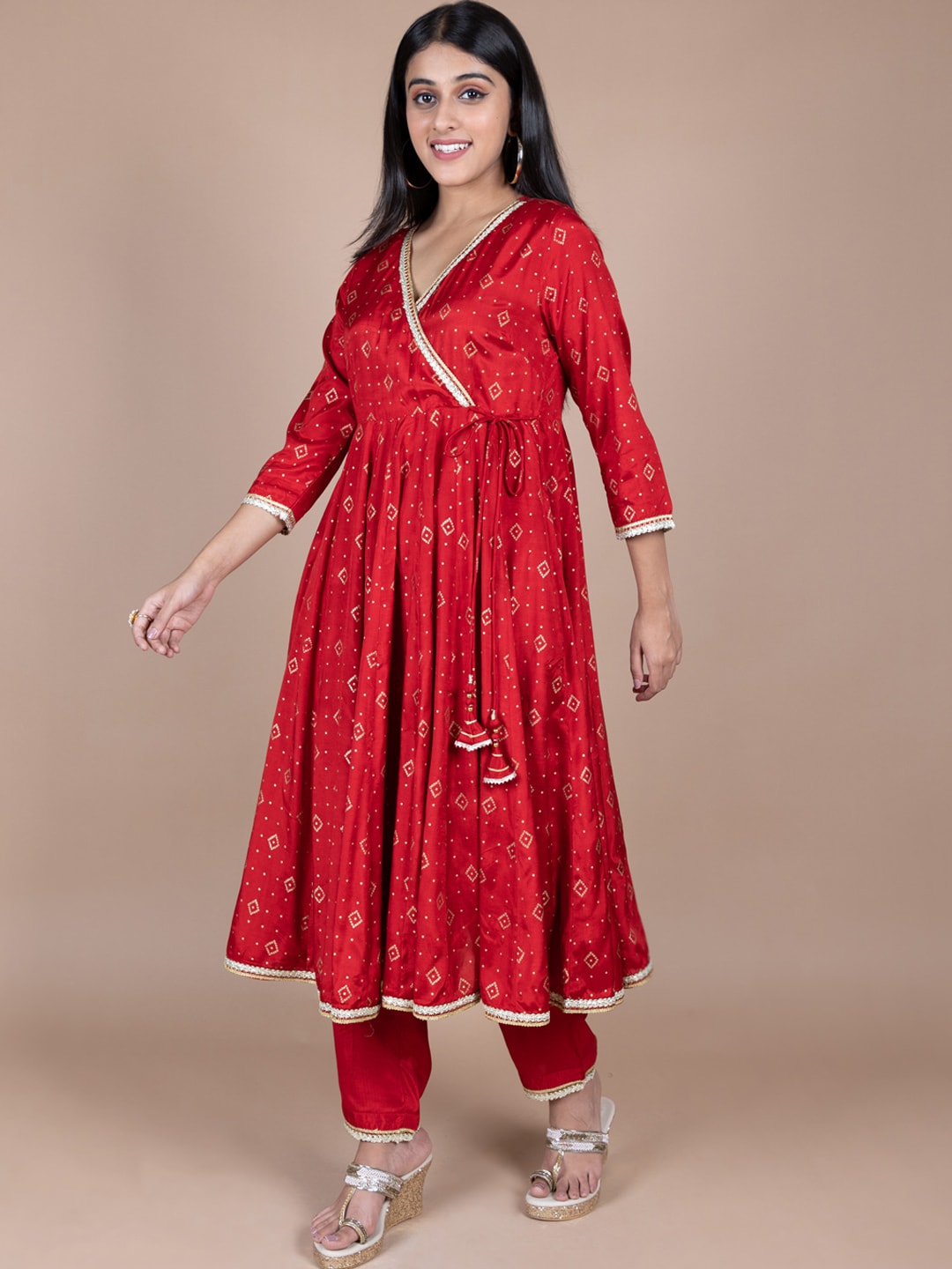 HERE&NOW Red & Beige Ethnic Motifs Printed Angrakha Gotta Patti Kurta with Trousers | Grocsy