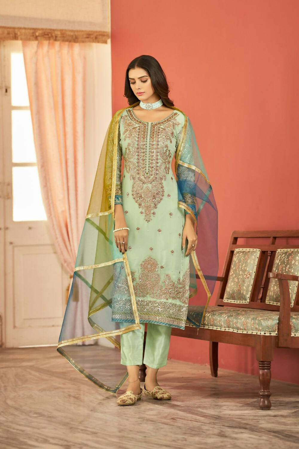 Sea Green Heavy Faux Georgette Embroidered Semi Stitched Suit - Dhvani | Grocsy
