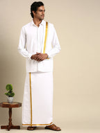 Ramraj Cotton Mens Wedding White Regular Dhoti, Shirt & Towel Set Subhakalyan 1" | Grocsy