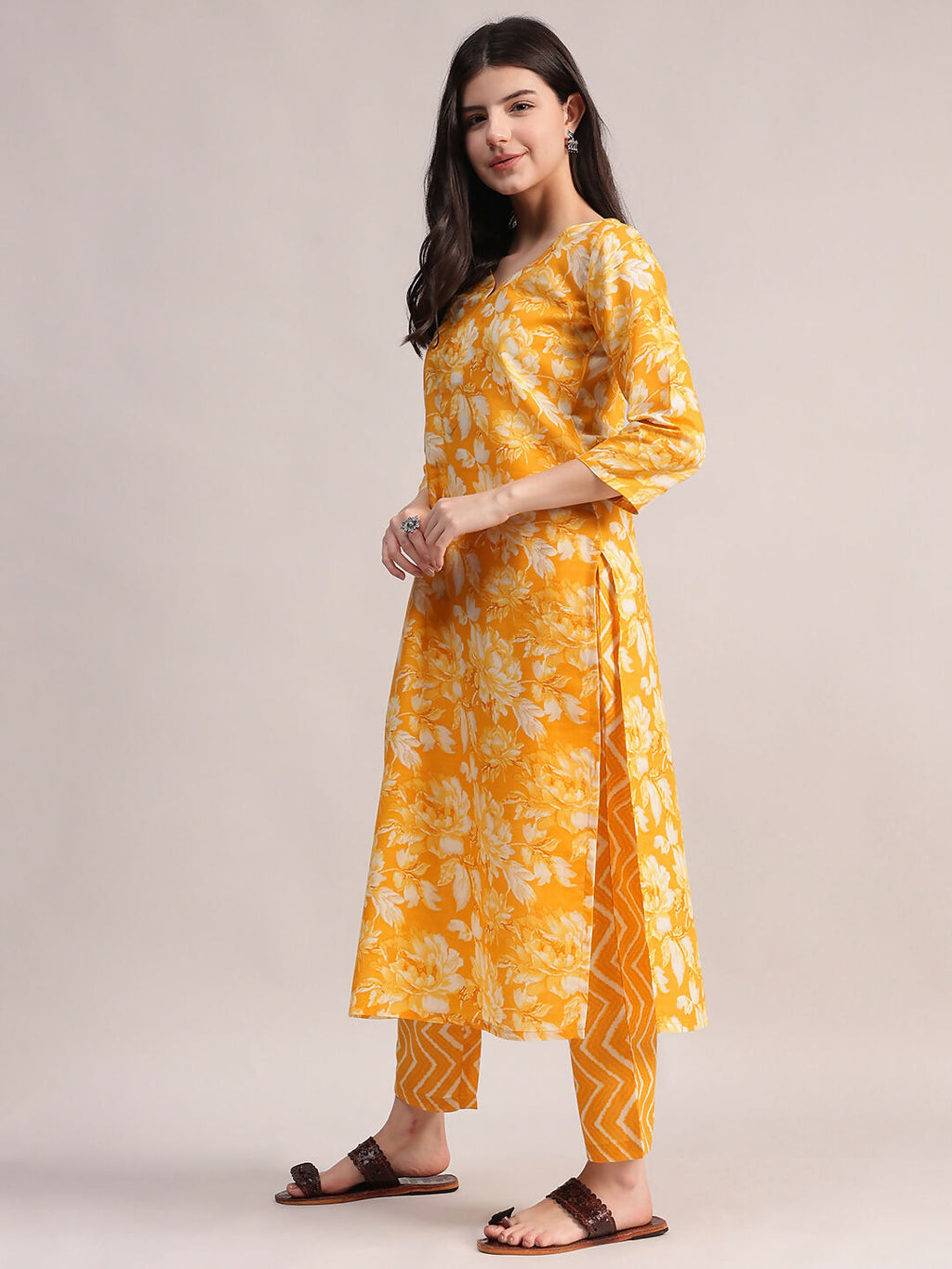 Aavyora Women Mustard Yellow Floral Printed Kurta with Chevron Printed Pants & Dupatta Set | Grocsy