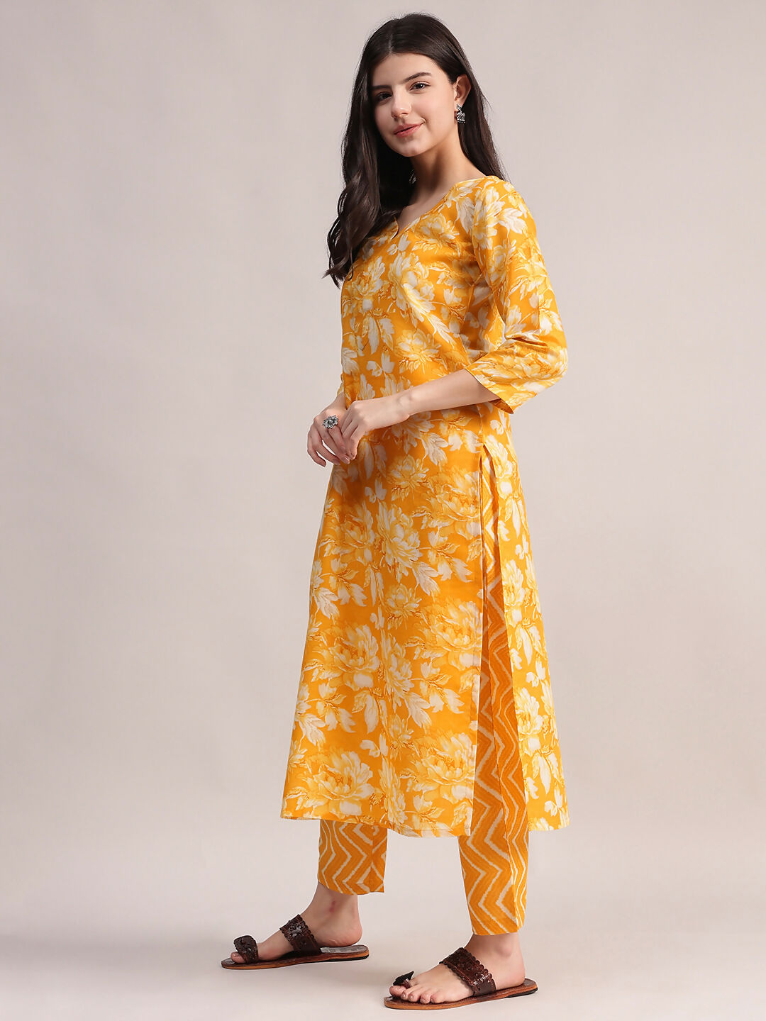 Aavyora Women Mustard Yellow Floral Printed Kurta with Chevron Printed Pants & Dupatta Set | Grocsy