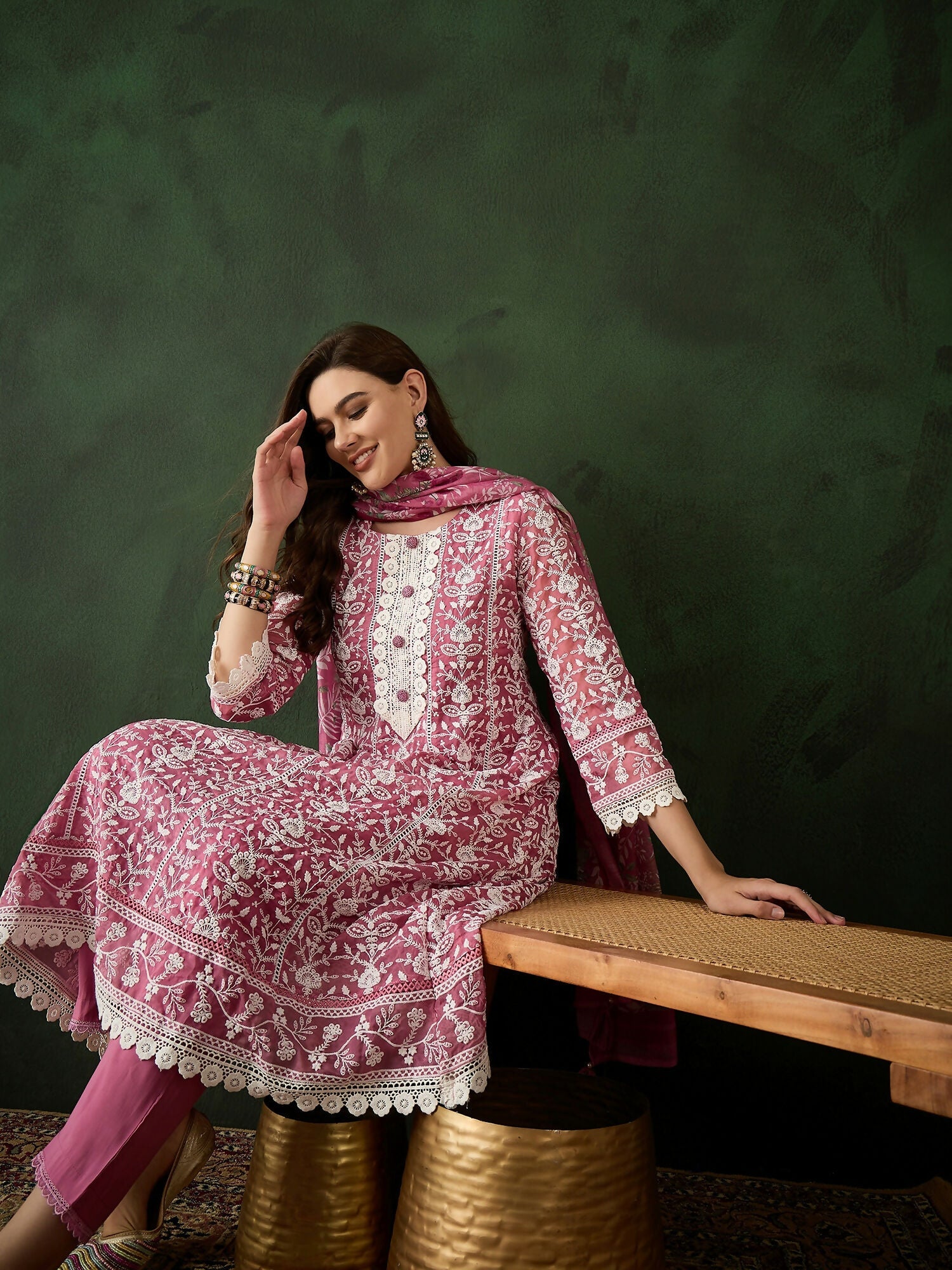 Pink Crystal Organza schiffli embroidery Kurta With Trouser & Dupatta - Bhumi | Grocsy