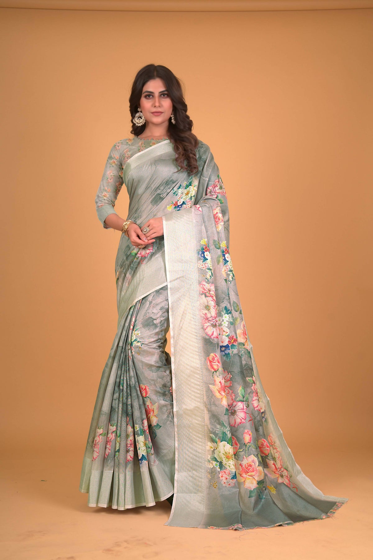 Green Cotton Silk Floral Printed Saree With Unstitched Blouse Piece - Akshita | Grocsy